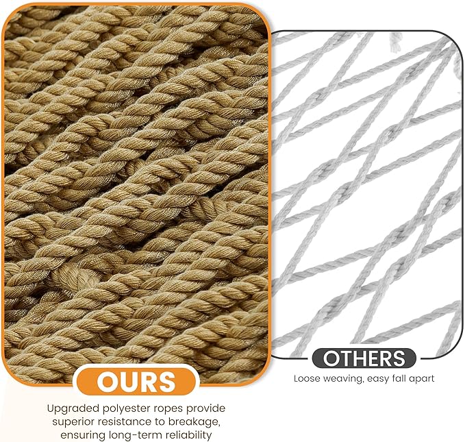 Lazy Daze Hammocks 13-FT Polyester Rope Hammock, Double 2 Person Traditional Hand Woven Outdoor Hammock with Spreader Bar, Carabiners, Tree Straps, Chains for Outside Patio- Max 450 Lbs, Tan