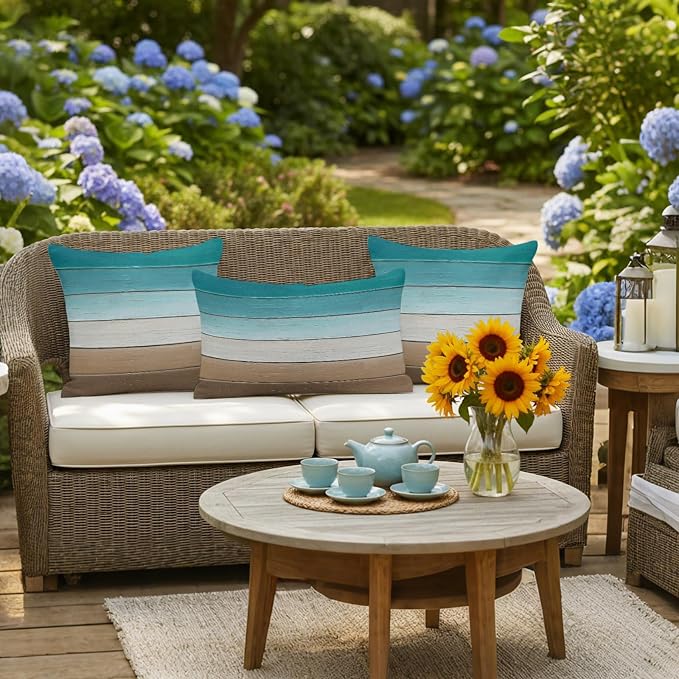 Teal Brown Outdoor Pillow Covers 24x24 Inch Throw Pillow Covers Set of 2 Waterproof Decorative Pillow Cases Rustic Vintage Abstract Ombre Wooden Plank Cushion Covers for Patio Furniture Garden Couch