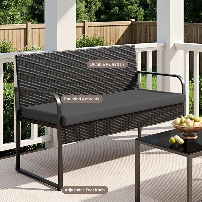 Gizoon 8 Piece Outdoor Black Wicker Patio Furniture, Outdoor Patio Furniture Set with Glass Coffee Table, Modern Rattan Chairs Conversation Set, for Porch, Garden, Lawn, Black Cushion