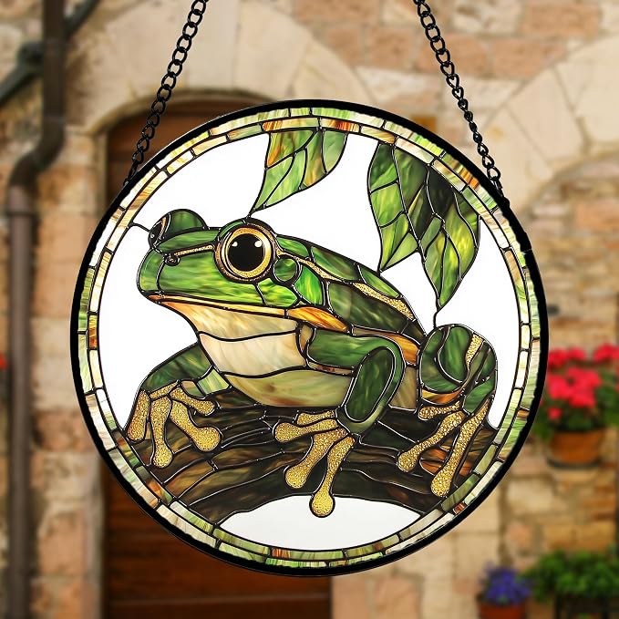 DASTOLL Stained Glass Window Hanging, Frog Green Leaf Sun Catchers Colorful Glass Panel Cool Suncatcher Decor for Birthday for Women, Men, Wife, Aunt, and Mom 7.8 in