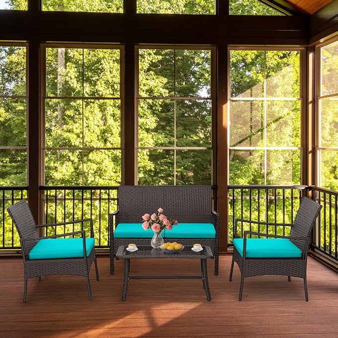 HAPPYGRILL 4 Pieces Patio Wicker Furniture Set PE Wicker Conversation Set, Rattan Sofa Chair with Cushions Tempered Glass Coffee Table, Outdoor Sectional Bistro Set for Poolside Backyard Lawn Garden