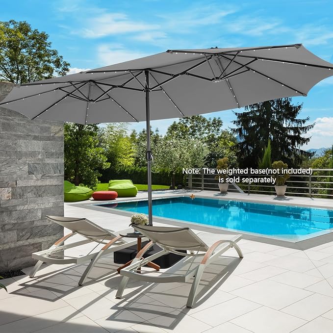 Tangkula 15 Ft Solar Patio Umbrella, Double-Sided Extra Large Outdoor Market Table Umbrella with 48 LED Lights, Crank Handle, 12 Sturdy Ribs for Poolside, Garden & Backyard (Gray)