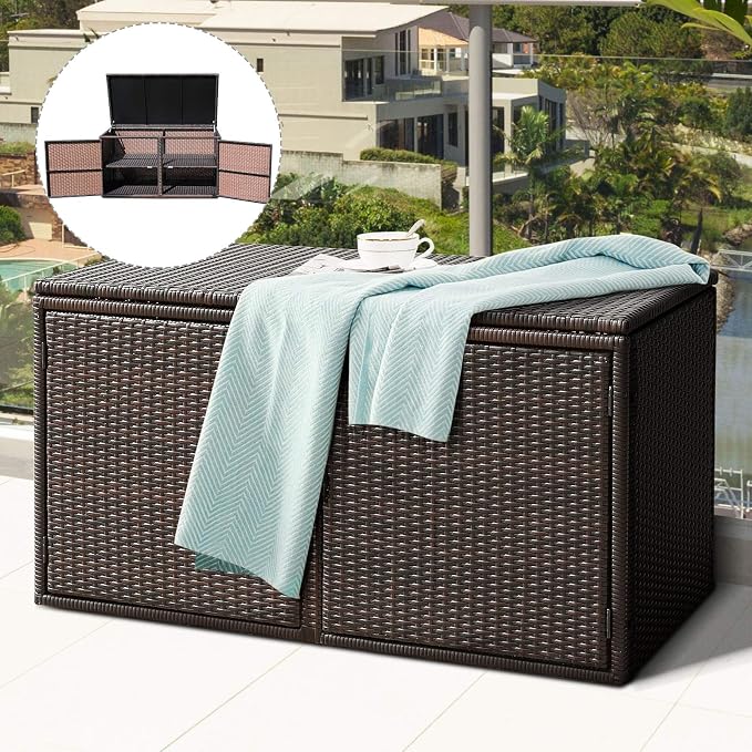 Tangkula 73 Gallon Outdoor Wicker Storage Box, Garden Deck Bin with Steel Frame, Rattan Storage Box with Lid, Ideal for Storing Tools, Accessories