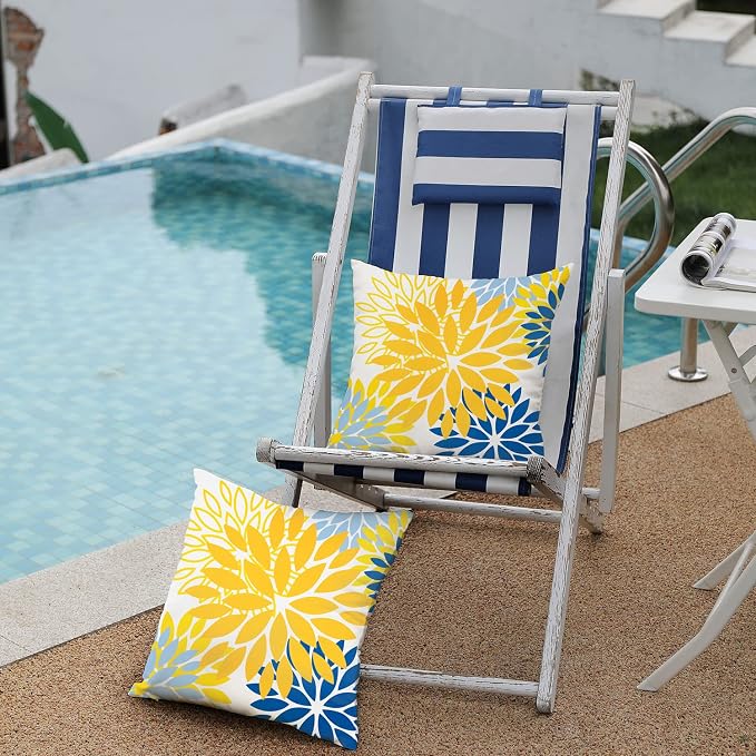 DFXSZ Outdoor Waterproof Pillow Covers 16x16 Set of 2 Yellow Blue Flower | Spring Summer Waterproof Flower Throw Pillowcases（No Inserts）Outdoor Decor for Patio Funiture Garden Polyester Covers