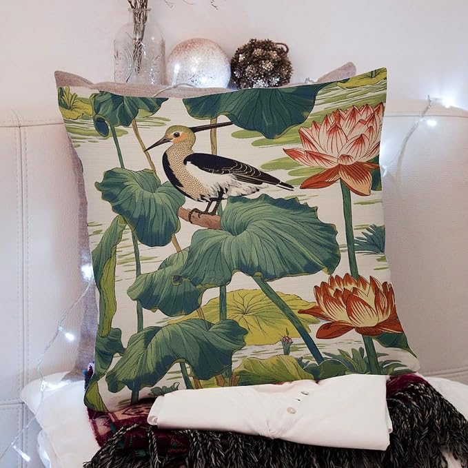 Nympheus Pistachio Outdoor Cushion Cases Lotus Pond Bird Throw Pillow Cover Accent Waterproof Throw Pillow Covers for Patio Furniture Tent Garden 22x22 in