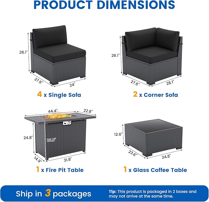8 Piece Patio Furniture Set with 44” Fire Pit Table All-Weather Wicker Conversation Sectional Sofa & Coffee Table with Thickened Cushions for Backyard, Garden(Black)