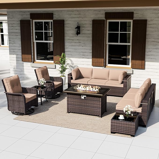 ALAULM Patio Furniture Set with 2 Swivel Chairs, Outdoor Sectional with 55000 BTU Fire Pit Table and Wide Seat, 11 Pieces Wicker Rattan Conversation Set with Coffee Table for Garden, Deck, Sand