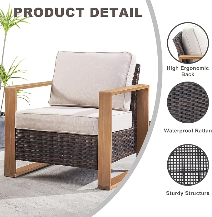 Rilyson 3 Piece Wicker Patio Furniture Set,Patio Bistro Set with 2 Rattan Armrest Chairs and 1 Side Table,Sturdy Frame,All-Weather PE Wicker,Wide Armrest,Deep Seating and Thick Cushions(Brown/Beige)