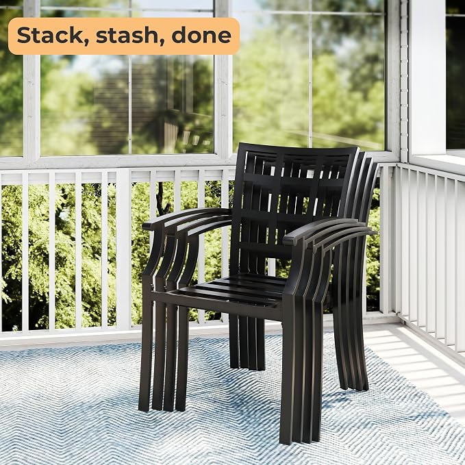 HAPPATIO 7-Piece Patio Dining Set, Outdoor Dining Set with Powder-Coated Metal,Dining Table with Umbrella Hole, 4 Stackable and 2 Swivel Chairs with Removable Cushions for Porch Pool Garden, Navy Blue