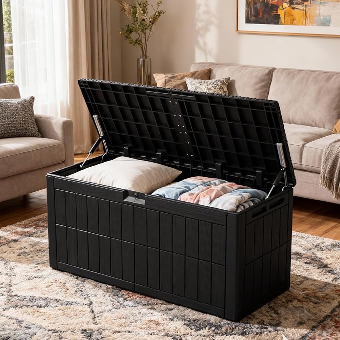 MAVIS LAVEN Water Proof Storage Bin, Outdoor Storage Box 122x61x54cm Lockable Deck Box with Built in Lid for Patio Furniture Garden Tools Pool Supplies