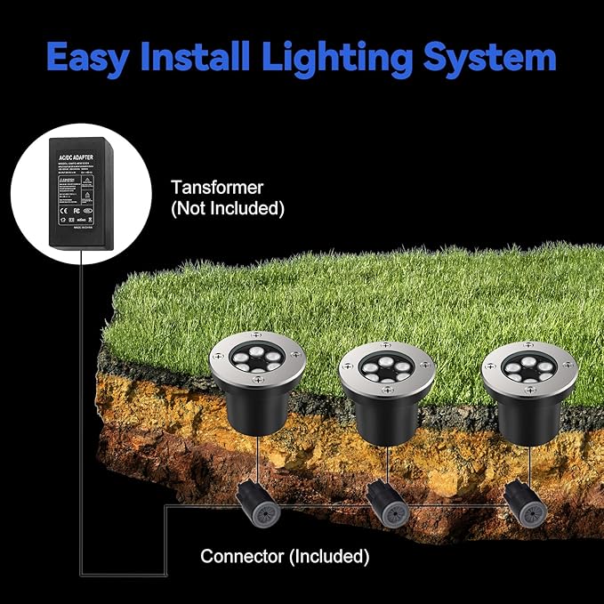 JESLED Low Voltage Landscape Lights, 6W LED Well Lights IP67 Waterproof, 6000K Bright White In-Ground Lights with Wire Connectors for Pathway, Deck, Patio, Yard, Garden (12 Pack)