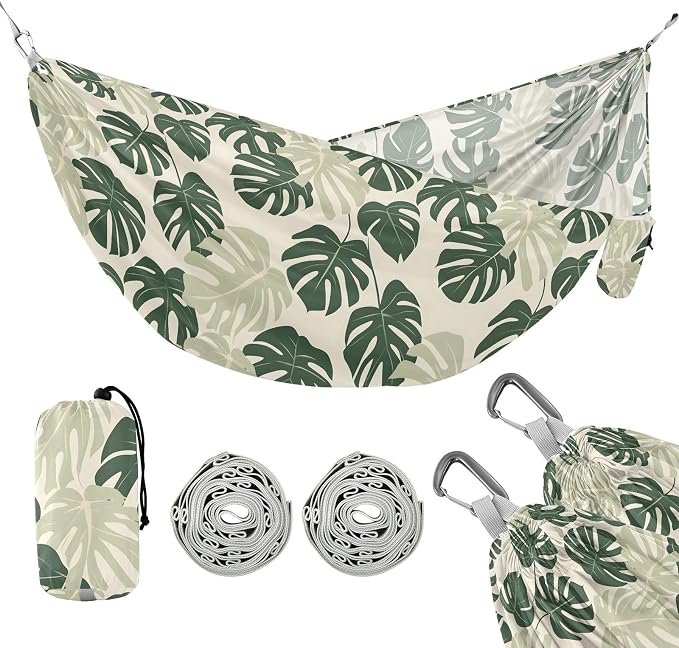 Camping Hammock Outdoor Hammocks for Outside Green Tropical Plants Beach Trees Portable Lightweight with Pockets Tree Straps Indoor Small