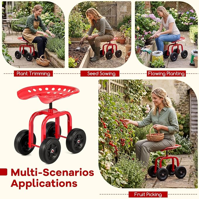 Goplus Garden Cart with Wheels, Utility Stool Cart w/Adjustable 360 Degree Swivel Seat, Outdoor Lawn Yard Rolling Work Seat, Garden Scooter for Planting (Red)