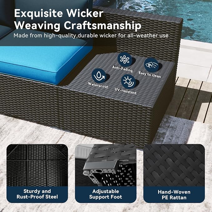 LazySunsets 7 Piece Outdoor Patio Furniture Set with Coffee Table, Outdoor Patio Furniture Sets with 4'' Thicken Cushion, Wicker Rattan Outdoor Conversation Set for Backyard, Peacock Blue