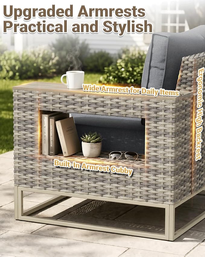 Outdoor Patio Furniture Set 9-Piece PE Rattan Wicker Outdoor Sectional Sofa with 5,000 BTU Fire Pit Table, Modern Modular L-Shaped Conversation Set with Thickened Cushions and Chunky Arms, Slate Grey