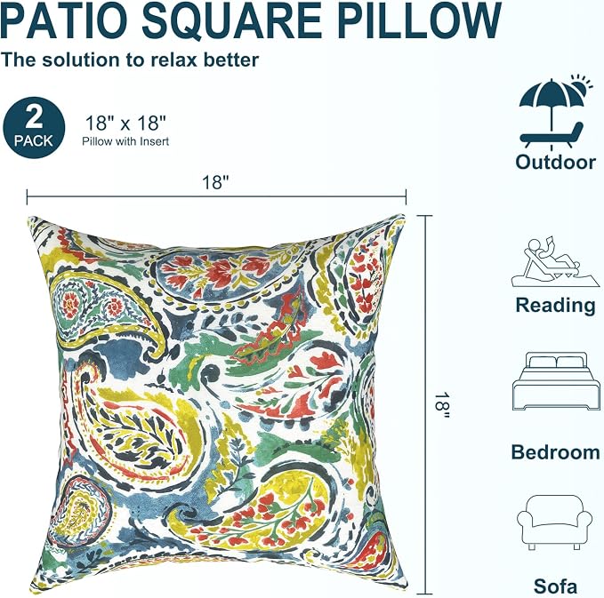 DYTXIII Pack of 2 Waterproof Outdoor Pillow with Inserts, 18x18 Square Patio Decorative Throw Pillow for Home,Sofa,Bench and Patio Furniture,Paisley Paradise