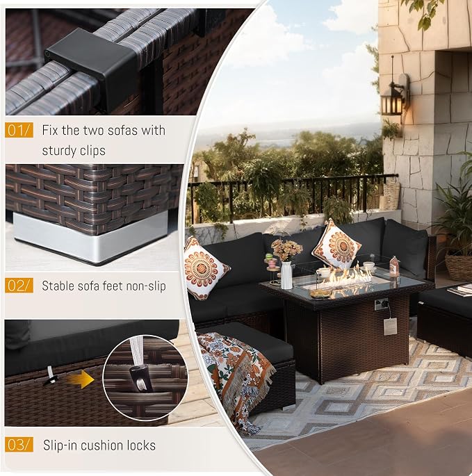 BULEXYARD 15 Piece Highback Wicker Patio Furniture Sets with Firepit, All-Weather Heavy Duty Outdoor Conversation Set Modular, Extra Deep Wide 14-Seats Sectional Couch Sofa for Backyard, Brown & Black