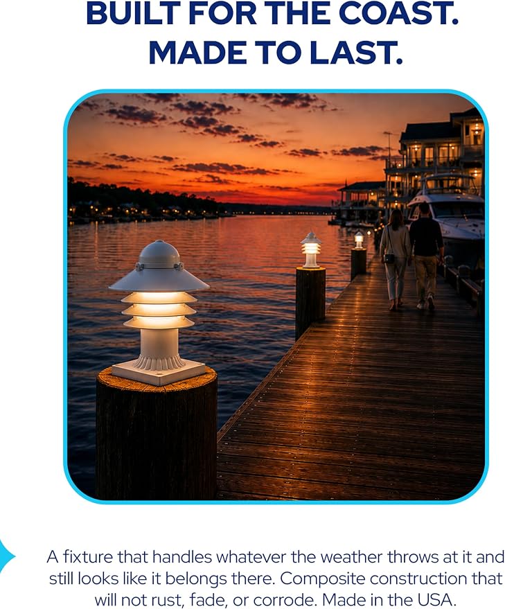 Nautical Pier Mount Outdoor Lighting - Salt-Air Tough Rust-Proof Non-Metallic Coastal Lamps - UL Listed Dock Lights - Patio Fence Deck Porch Lights Outdoor - USA Made, Short, Decorated, White | Anti-Rust Outdoor Coastal Fixture for Pathways & Walkways,...