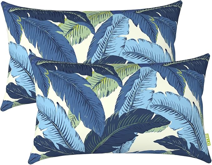 LVTXIII 12×20 Inch Outdoor Lumbar Pillows, Pack of 2 Water Repellent Lumbar Pillow with Inserts, Fluffy Decorative Garden Lumbar Cushions for Home Patio Coach Sofa Use, Swaying Palms Blue
