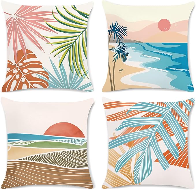 Bonhause Modern Tropical Hawaii Pillow Covers 16x16 Inch Set of 4 Outdoor Palm Leaves Decorative Pillows Case Soft Velvet Tropical Decoration for Patio Garden Bed Home Decor