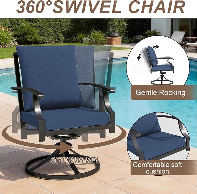 Patio Dining Set for 10 with 13.6ft Double-Sided Patio Umbrella,Outdoor Dining Set of 6 Metal Chairs and 2 Swivel Chairs with Umbrella Hole Table for Backyard,Garden,and Poolside(Navy)