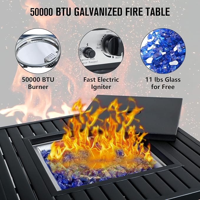 PHI VILLA 5 Piece Patio Set with Firepit Table, 4 Swivel Patio Dining Chairs Textilene Fabric with Metal Frame & 1 28 Inch 50000 BTU Auto-Ignition Propane Gas Fire Pit Table
