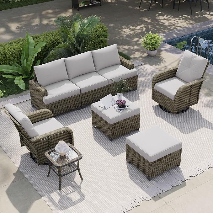 LET'S PATIO Luxury Patio Furniture Set，8 Piece Outdoor Furniture Sectional Set with Swivel Rocker Chairs of 2，All-Weather Patio Sectional Sofas with Thickened Cushions, Grey