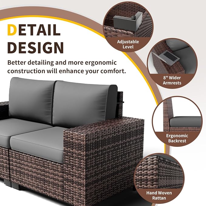 Outdoor Patio Furniture Set, 8‘’ Wide armrest Outdoor Sectional Rattan Sofa Set, Wicker Patio Furniture Sets w/Coffee Table,Thick Cushions for and Cover for Porch, Deck,8 PCS(Brown&Grey)