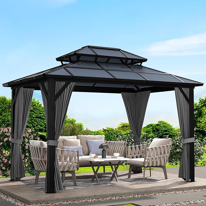 GAOMON 10'x13' Hardtop Gazebo, Outdoor Polycarbonate Double Roof Canopy, Aluminum Frame Permanent Pavilion with Curtains and Netting, Sunshade for Garden, Patio, Lawns, Gray