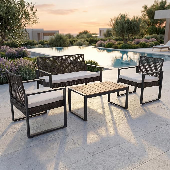OVENTA Outdoor Patio Furniture Set, 4 Piece Rattan Chairs with Coffe Table for Backyard, Balcony, Deck, Front Porch, Patio Conversation Seating Sets for Outside, Juego Muebles de Exterior(Brown)