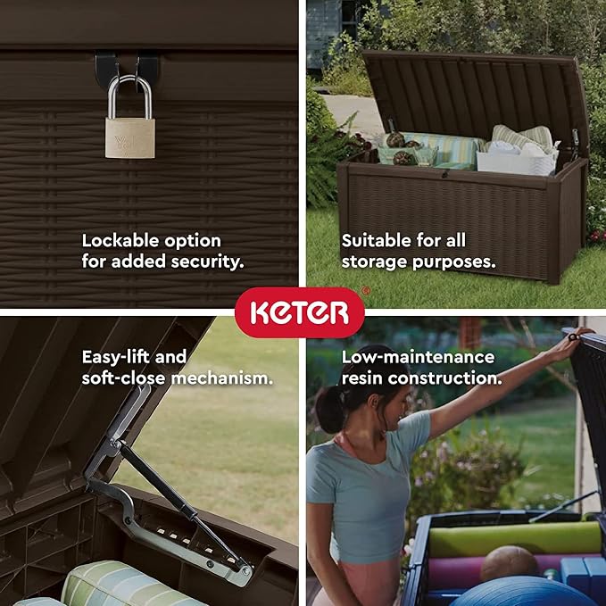 Keter 2-Pack Borneo 110 Gallon Deck Box Organizer, Doubles as 2-Person Bench Seat, Brown – Large Resin Outdoor Storage and Seating with Lockable Lid for Garden, Pool, and Patio
