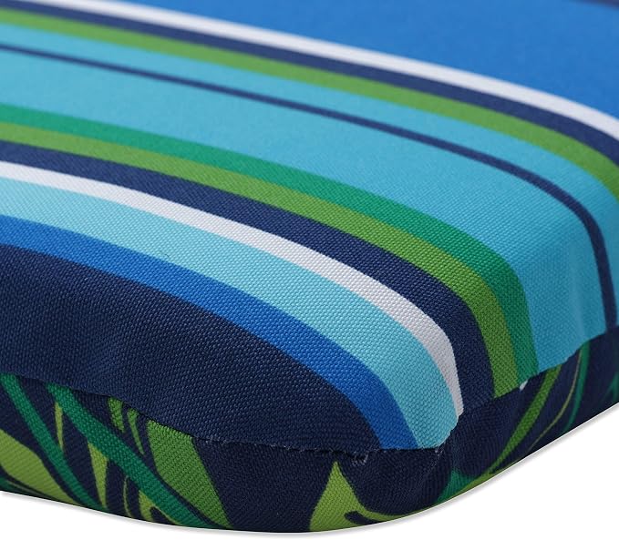 Pillow Perfect Reversible Floral Stripe Indoor/Outdoor Round Corner Chair Seat Cushion with Ties, Plush Fiber Fill, Weather, and Fade Resistant, 15.5" x 18.5", Blue/Yellow Spring Bling, 2 Count