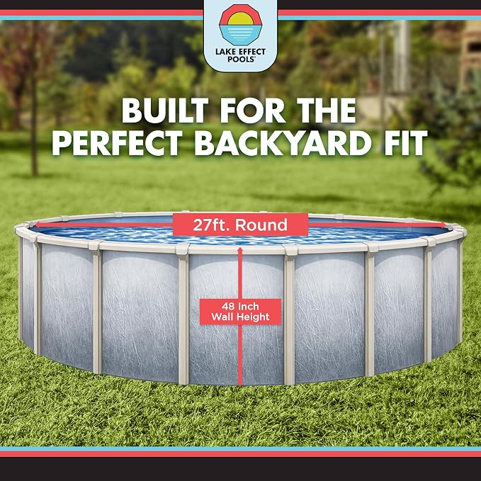 Lake Effect Pools 'Bermuda' 27 ft Round Above Ground Swimming Pool | 48 Inch Walls | 6" Steel Top Ledge | Bundle Includes: 25 Gauge Overlap Liner & Widemouth Skimmer