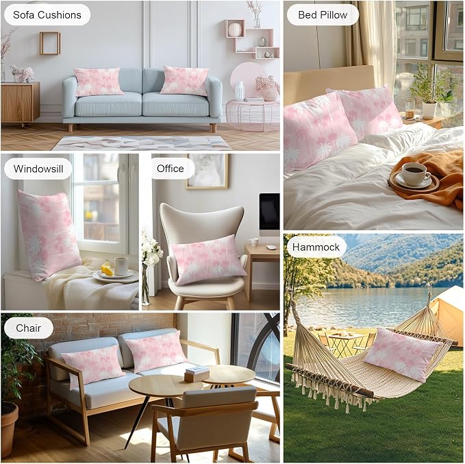 Lumbar Pillow Covers 20x12 Inch Set of 2, Tropical Palm Tree Waterproof Outdoor Pillow Covers, Pink White Plants Coastal Leaf Beach Decorative Cushion Pillowcases for Couch, Sofa, Bed, Garden, Patio