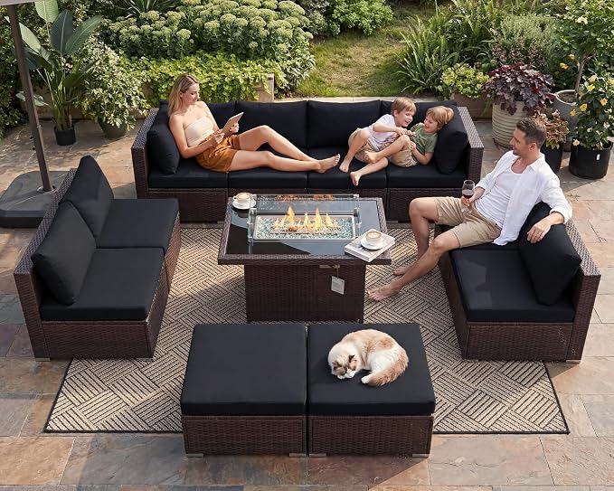 BULEXYARD 11 Piece High Back Outdoor Furniture Set with Firepit, Cozy Patio Conversation Set with Ottoman Modular, Extra Wide Deep 10-Seats Sectional Couch Sofa for Yard, Brown Rattan & Black Cushion