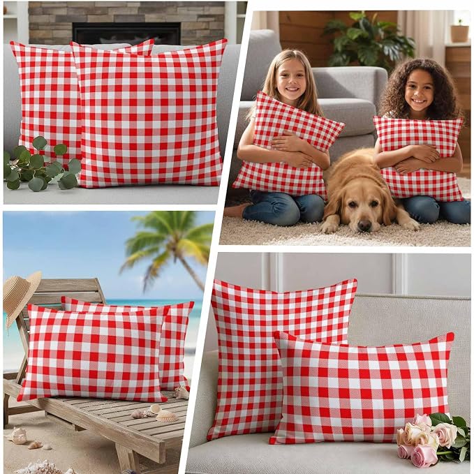 Red White Plaid Waterproof Outdoor Pillow Covers Set of 2 Home Decor Modern Farmhouse Buffalo Check Gingham Pillowcase Patio Pillow Covers for Couch Bench Furniture Garden 20x12in