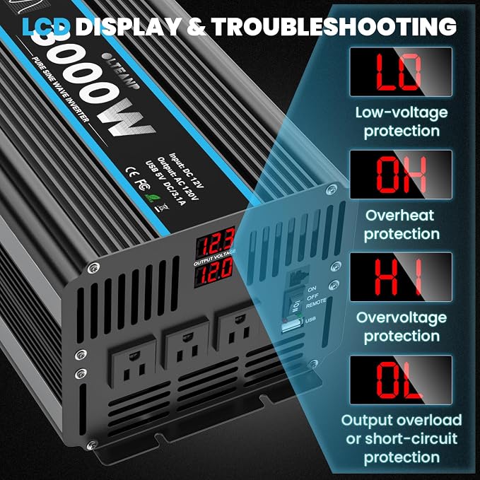 OLTEANP 3000W Power Inverter Pure Sine Wave Inverter 12V DC to 110V AC Car Inverter with USB Ports,3 AC Outlets, LCD Display, Remote Controller for Car, Truck, Home, Vehicles, Boat, Power Outage