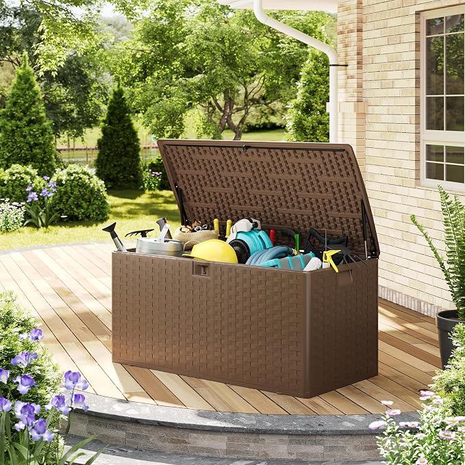 IDEALHOUSE 100 Gallon Resin Deck Box, Waterproof Outdoor Storage Box with Lockable Lid & UV Resistant, Patio Furniture Cushion Storage Container for Garden, Backyard, Poolside (Brown)