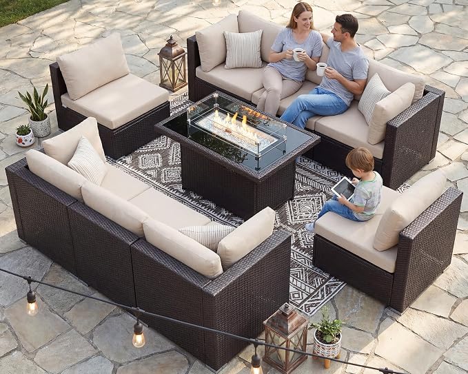 BULEXYARD 9 Pcs High Back Outdoor Sectional Set with Firepit Table, High-End Patio Furniture Seating Set, Big Oversized Wide Deep Modular 8-Seater Couch Sofa for Backyard, Brown Wicker & Beige Cushion