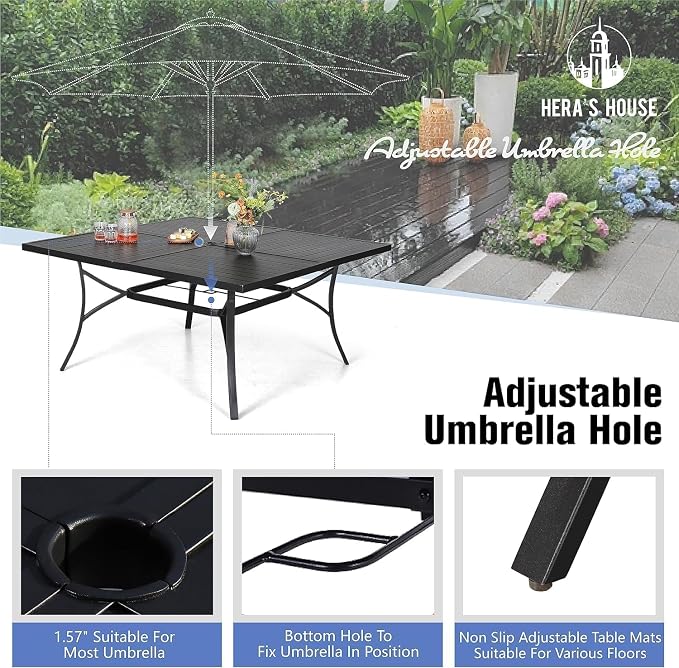 HERA'S HOUSE 9pc Patio Dining Set, 57.5" Metal Table & Rattan Chairs | Square table with umbrella hole, 8 cushioned chairs. Waterproof, rust-resistant, all-weather for backyard, porch.