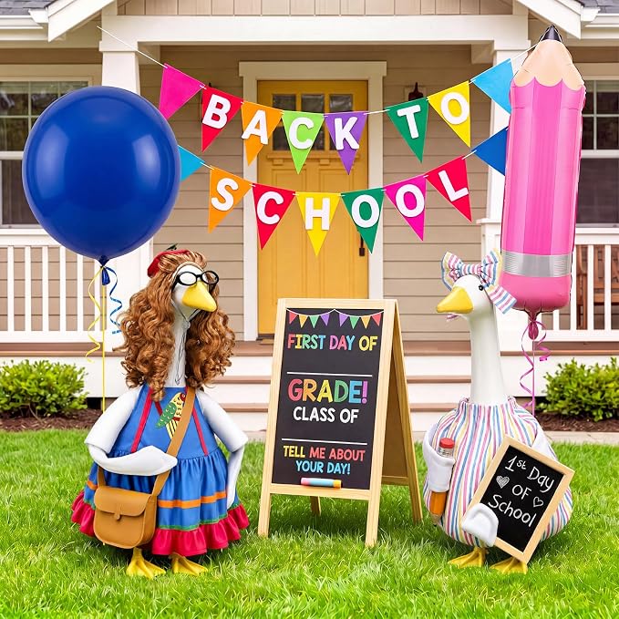 Back to School Porch Goose Outfit Teacher Classroom Goose Costume with Pencil Chalkboard Bow Hair Band for 23" Gooses Statue First Day of School Patio Yard Garden Lawn Outdoor Decor, 2 Style