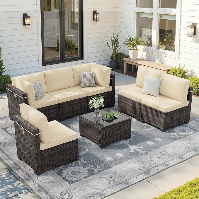 Soohow 7-Piece Patio Furniture Set, Outdoor Conversation Set, Thickened All-Weather Rattan Sectional Sofa with Tempered Glass Table for Garden, Porch, Backyard - Beige Cushions