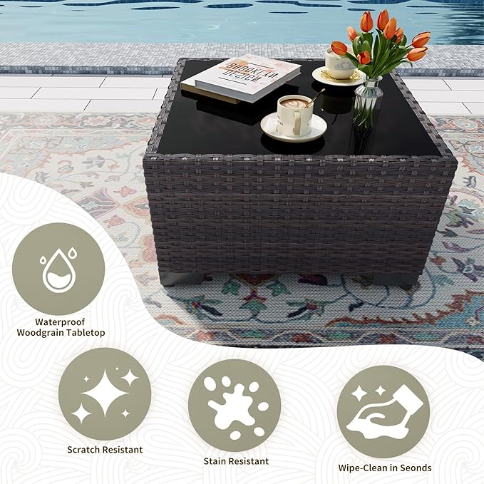 Gotland 13 Pieces Patio Furniture Set with Fire Pit Table Swivel Chairs, PE Rattan Outdoor Furniture Set with 29.5'' High Backrest 4’’ Thick Cushions Coffee Table, Patio Set for Porch, Deck, Khaki