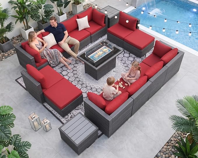 NICESOUL 15 Piece Wicker Outdoor Patio Furniture Set with Fire Pit, XL Size 12-Seater Patio Sectional with Firepit, All Weather 500 lbs Heavy Duty Outside Sofa, Grey & Red