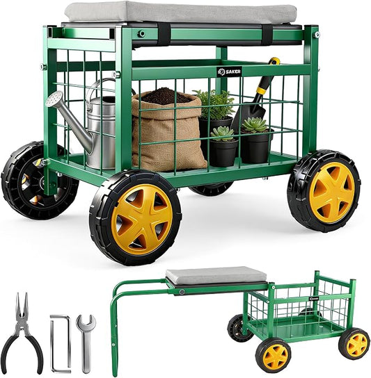 Saker Rolling Work Seat with Wheels - 15.7'' EVA Padded Stool, 500 lb Steel Frame, Large Storage Basket - Patio Lawn Backyard Cart for Gardening Tasks (Basic Version)