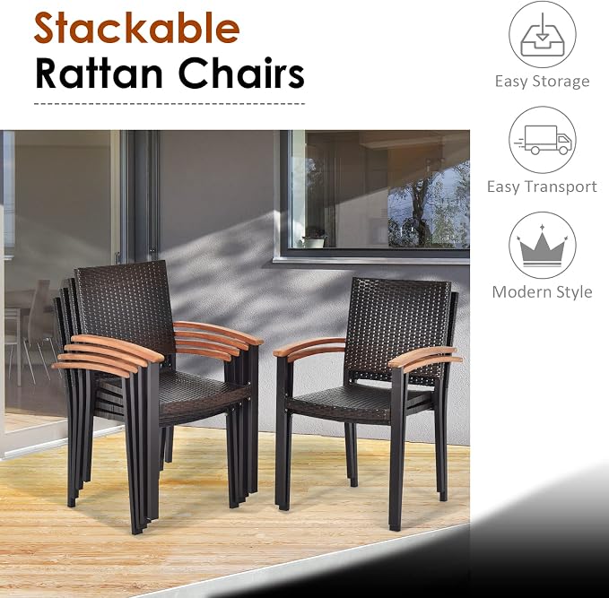 Tangkula 7-Piece Wicker Patio Dining Set, Patiojoy Outdoor Rattan Garden Yard Furniture Set, Acacia Wood Tabletop Dining Table with Umbrella Hole & 6 Stackable Rattan Chairs Set