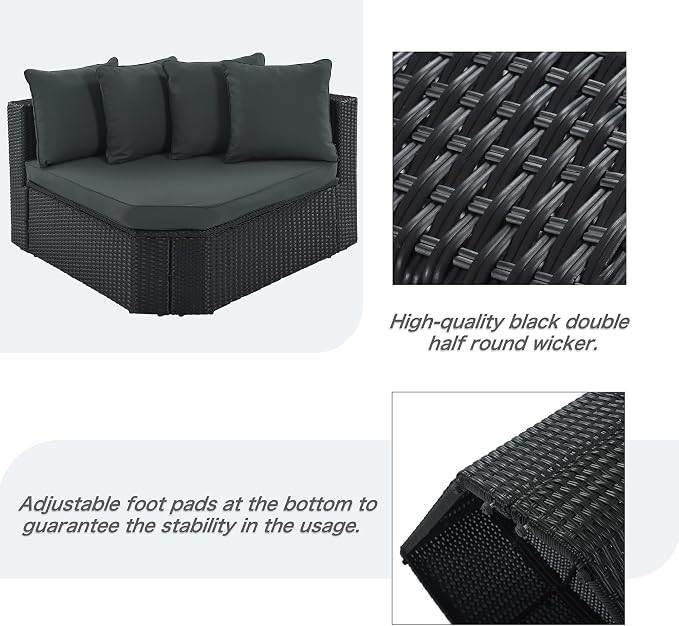 LUMISOL 7-Piece Patio Sofa Set, 93.5" Large Outdoor Half-Moon Sectional Sofa with Curved Ottoman & Coffee Table, Wicker Patio Conversation Set with Cushions for Backyard, Garden, Green Grey