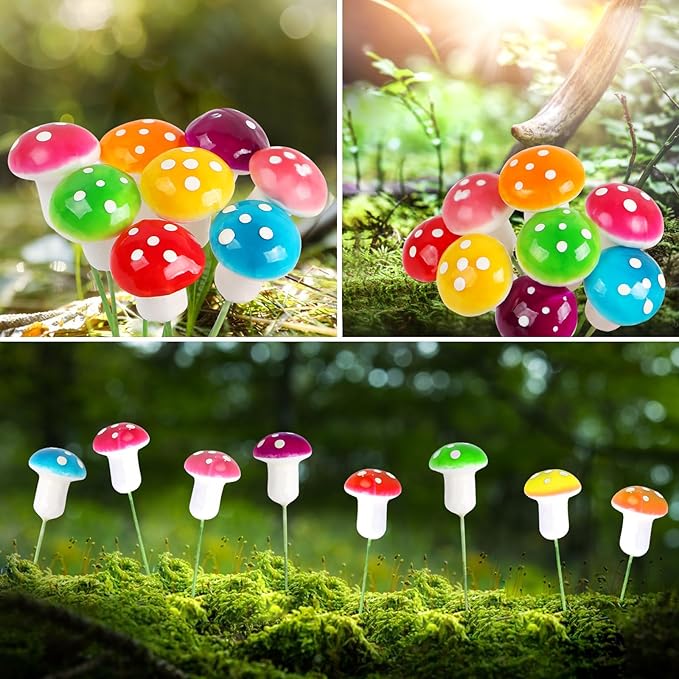 MIDELONG Mini Mushrooms Tiny Figurines Miniatures Colorful Mushrooms Garden Mushrooms Decoration for Home Micro Landscape Plant Pots Fairy Bonsai Resin DIY Craft Ornaments, Pack of 32