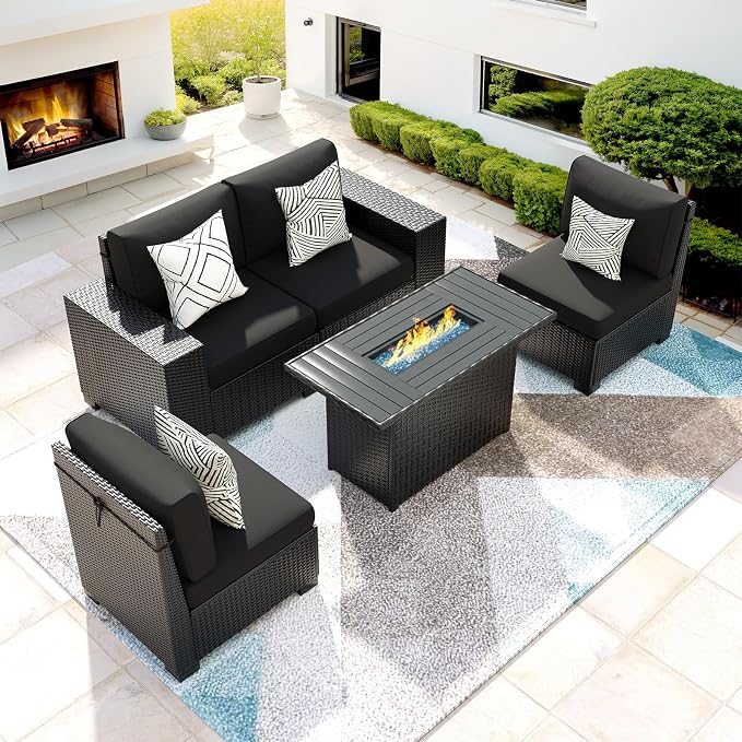 5 Piece Patio Furniture Set with Fire Pit Table, Outdoor Sectional Conversation Sets Black Wicker Rattan Sectional Sofa for Patio Garden Backyard, 4'' Thickened Cushion Black