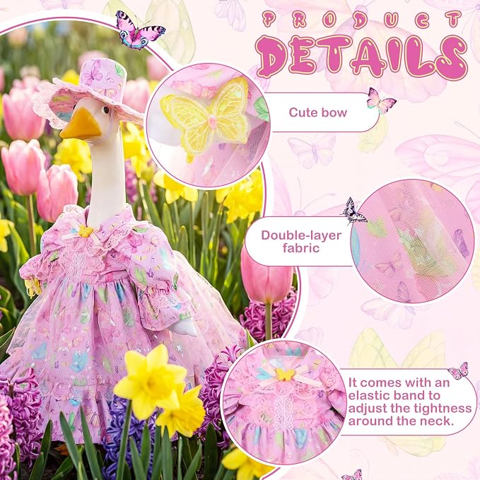 FuWeave Summer Goose Outfit Fancy Dress Butterfly Porch Goose Clothes for 23" Large Statue Outdoor Patio Yard Lawn Art Decoration